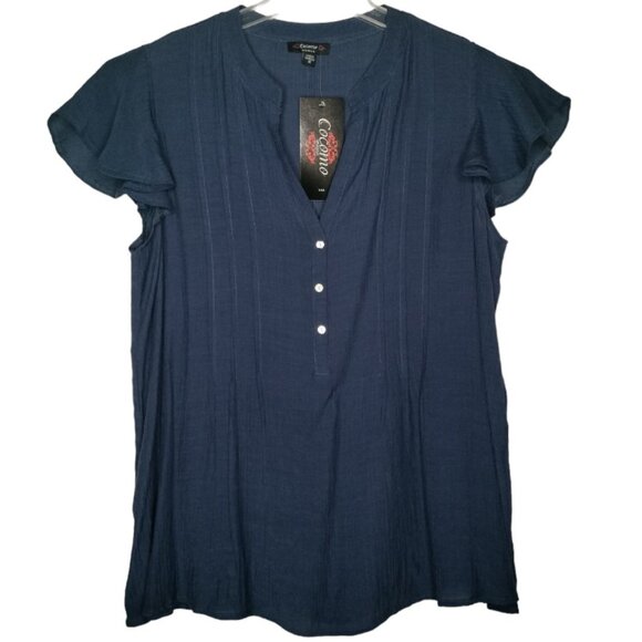 Cocomo Women's Plus Size 1X Navy Blue Pintuck Short Flutter Sleeve Top - Picture 1 of 7